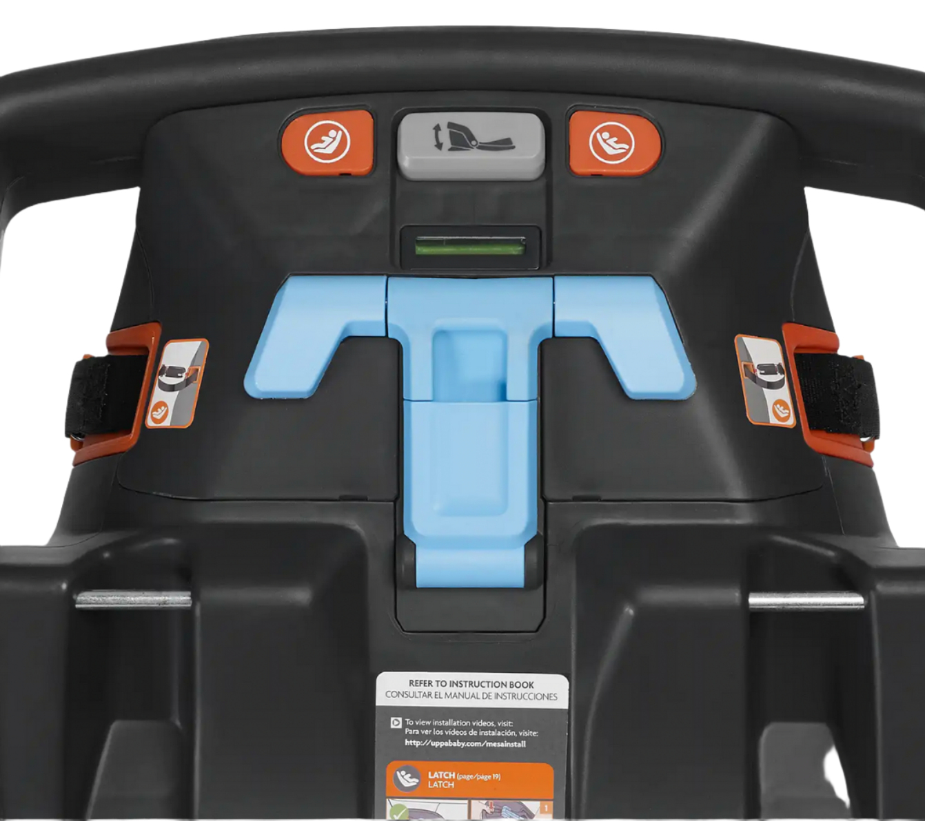 Close-up view of a black UPPAbaby MESA & Mesa V2 Infant Carseat Base with blue and orange adjustment levers, safety labels, and a green indicator at the center. Ideal for multiple family vehicles, this design features the reliable SmartSecure System for added peace of mind.