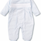 The Kissy Kissy Footie with Hand Smocking by Kissy Kissy is a light blue, long-sleeved baby footie featuring a decorative white smocked band across the chest, crafted from soft pima cotton.