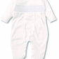 The Kissy Kissy Footie with Hand Smocking by Kissy Kissy features a long-sleeved white onesie with footed bottoms and a charming smocked design across the chest, crafted from soft pima cotton with a convenient snap closure.