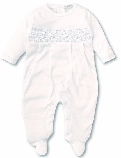 The Kissy Kissy Footie with Hand Smocking by Kissy Kissy features a long-sleeved white onesie with footed bottoms and a charming smocked design across the chest, crafted from soft pima cotton with a convenient snap closure.