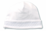 The Kissy Kissy Hat with Hand Smocking by Kissy Kissy is a plain white baby cap made from soft Peruvian cotton, beautifully adorned with decorative stitching around the edge, providing the ultimate cozy experience for your little one.