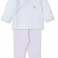 The Kissy Kissy Premier Hand Embroidered Puppies Footed Pant Set by Kissy Kissy is a white baby outfit crafted from luxurious Pima cotton, featuring a long-sleeve top with a pink embroidered design and matching footed pants.