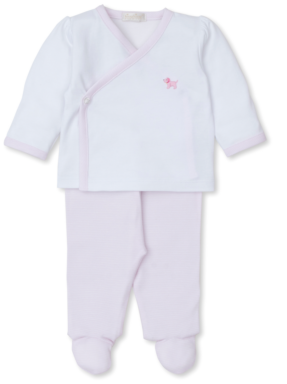 The Kissy Kissy Premier Hand Embroidered Puppies Footed Pant Set by Kissy Kissy is a white baby outfit crafted from luxurious Pima cotton, featuring a long-sleeve top with a pink embroidered design and matching footed pants.