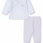 The Kissy Kissy Premier Hand Embroidered Puppies Footed Pant Set by Kissy Kissy includes a white long-sleeve baby top made from soft Pima cotton, adorned with an adorable small dog embroidery, and paired with light pink footed pants. This charming baby outfit offers both comfort and style.