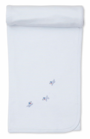 A light blue, soft striped blanket from Kissy Kissy featuring hand-embroidered puppies in the center.