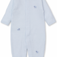 The Kissy Kissy Premier Hand Embroidered Puppies Striped Footie from Kissy Kissy is a light blue, long-sleeved baby sleepsuit made of soft Pima cotton. It features snaps down the front and small embroidered blue dog motifs, making it a perfect baby shower gift.