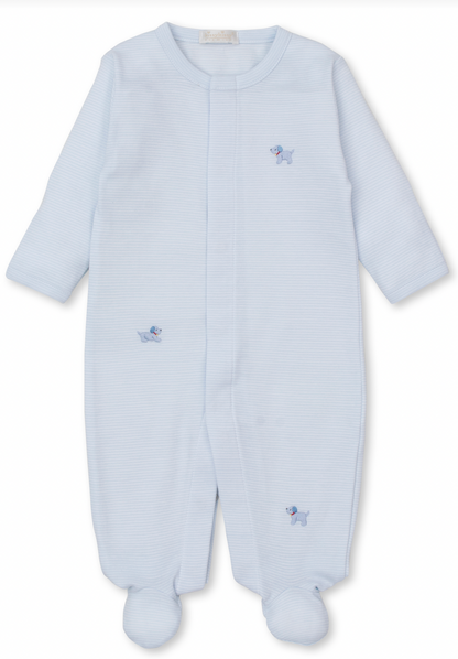 The Kissy Kissy Premier Hand Embroidered Puppies Striped Footie from Kissy Kissy is a light blue, long-sleeved baby sleepsuit made of soft Pima cotton. It features snaps down the front and small embroidered blue dog motifs, making it a perfect baby shower gift.