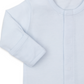 The Kissy Kissy Premier Hand Embroidered Puppies Striped Footie by Kissy Kissy features light blue stripes, long sleeves, a round neckline, and front button closure. Crafted from soft Pima cotton, it makes an ideal baby shower gift.