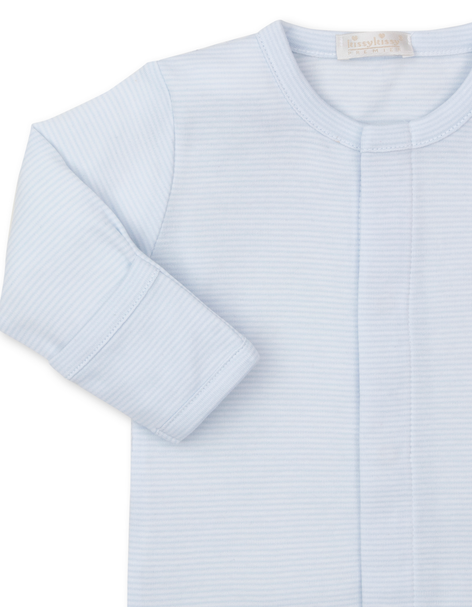 The Kissy Kissy Premier Hand Embroidered Puppies Striped Footie by Kissy Kissy features light blue stripes, long sleeves, a round neckline, and front button closure. Crafted from soft Pima cotton, it makes an ideal baby shower gift.