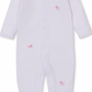 The Kissy Kissy Premier Hand Embroidered Puppies Striped Footie by Kissy Kissy is a light pink baby onesie featuring long sleeves, a footed design ideal for a puppy-themed outfit, and small pink poodle embroidery on the chest and legs.