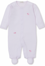 The Kissy Kissy Premier Hand Embroidered Puppies Striped Footie by Kissy Kissy is a light pink baby onesie featuring long sleeves, a footed design ideal for a puppy-themed outfit, and small pink poodle embroidery on the chest and legs.