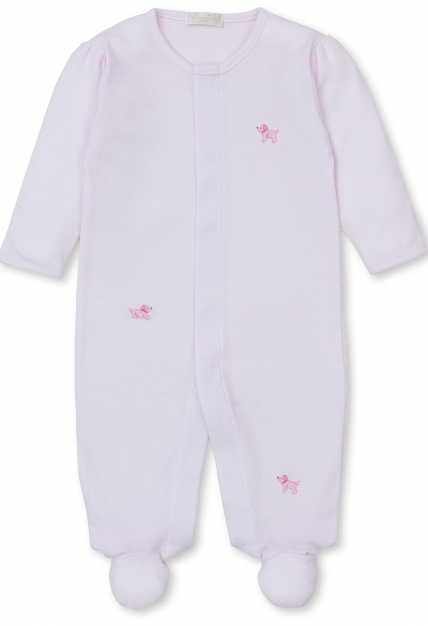 The Kissy Kissy Premier Hand Embroidered Puppies Striped Footie by Kissy Kissy is a light pink baby onesie featuring long sleeves, a footed design ideal for a puppy-themed outfit, and small pink poodle embroidery on the chest and legs.