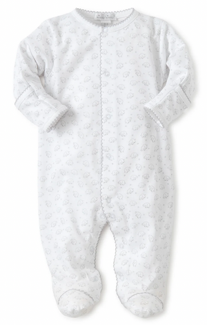 Introducing the Kissy Kissy Ele-Fun Footie by Kissy Kissy, a white baby onesie with long sleeves, mitten-cuffs, and covered feet. This ultimate baby wardrobe essential is crafted from pima cotton and features a subtle gray print pattern. The covered snaps make diaper changes a breeze.