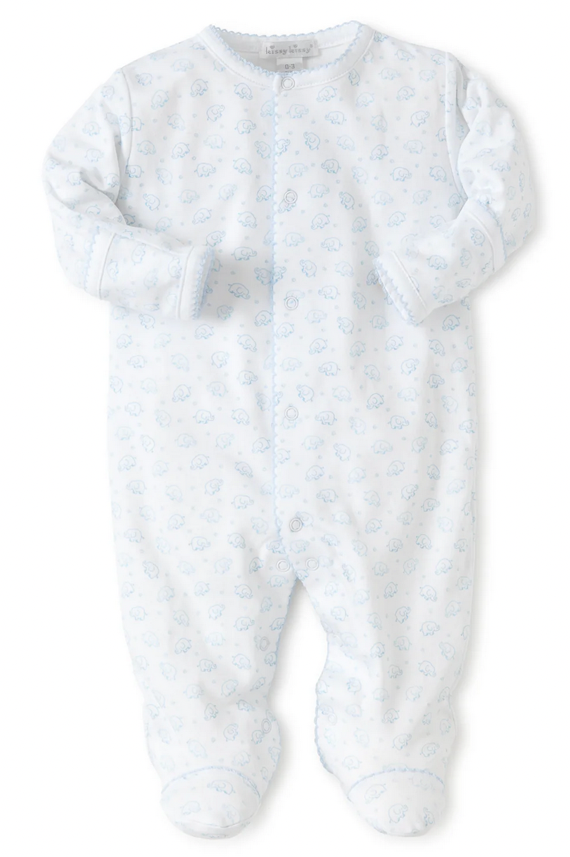 The Kissy Kissy Ele-Fun Footie from the renowned brand Kissy Kissy is an adorable infant footed sleeper featuring light blue prints on a white background, made from soft pima cotton, perfect for any baby wardrobe. This garment includes a full-length set of covered snaps down the front for easy closure and features convenient mitten-cuffs to keep tiny hands cozy.