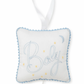 The Kissy Kissy Blue "Baby" Musical Pillow by Kissy Kissy is an enchanting gift for a baby, featuring star and moon decorations on a blue background. The word "Baby" is elegantly embroidered in blue on the white fabric. It includes a convenient pull tab and hangable ribbon, all beautifully packaged in a lovely tulle bag.