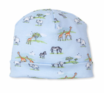 The Kissy Kissy Striped Jungle Oasis Hat, crafted from soft Pima cotton in a light blue hue, features charming prints of elephants, giraffes, zebras, and trees to keep your baby's head warm.