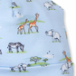 The Kissy Kissy Striped Jungle Oasis Hat, made from soft Pima cotton and featuring a print of giraffes, elephants, and zebras in a savanna scene, is perfect for keeping your baby's head warm.