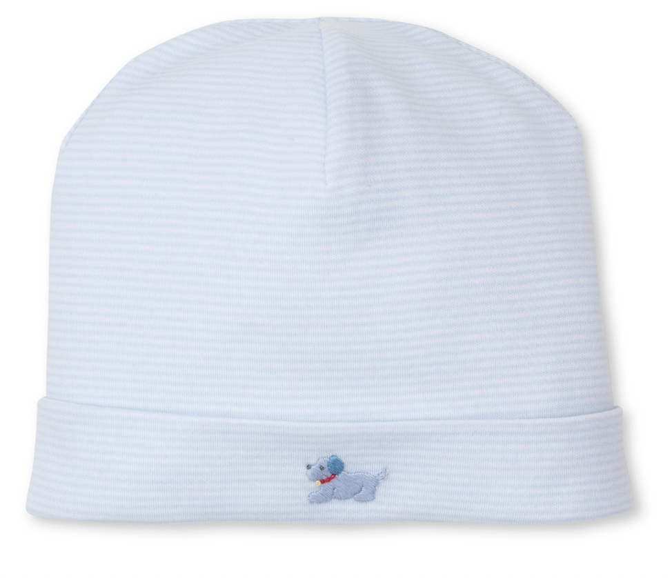 The Kissy Kissy Premier Puppies Hand Embroidered Striped Hat by Kissy Kissy is a light blue baby hat made from soft Pima cotton. It features a folded brim and a delicate hand-embroidered puppy design, providing cozy warmth for your little one's head.