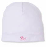 The Kissy Kissy Premier Puppies Hand Embroidered Striped Hat, made from soft Pima cotton for enhanced comfort, showcases a delicate embroidered puppy on its folded brim, ensuring your baby's head stays warm and snug.