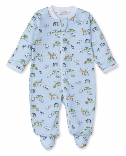 A Kissy Kissy Jungle Oasis Printed Zip Footie in blue featuring a front zipper and an enchanting jungle pattern of giraffes, elephants, and zebras.