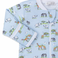 Introducing the Kissy Kissy Jungle Oasis Printed Zip Footie from Kissy Kissy—a light blue baby boy footie with long sleeves and a convenient zipper closure. This adorable footie showcases a playful jungle pattern featuring elephants, zebras, giraffes, and trees in vibrant shades of green, yellow, and blue. Made from soft Pima cotton, it ensures ultimate comfort for your little one.