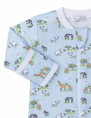 Introducing the Kissy Kissy Jungle Oasis Printed Zip Footie from Kissy Kissy—a light blue baby boy footie with long sleeves and a convenient zipper closure. This adorable footie showcases a playful jungle pattern featuring elephants, zebras, giraffes, and trees in vibrant shades of green, yellow, and blue. Made from soft Pima cotton, it ensures ultimate comfort for your little one.