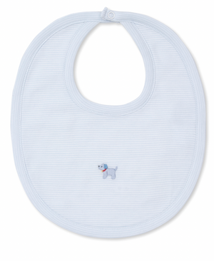 Light blue Kissy Kissy Hand Embroidered Premier Puppies Striped Bib made from soft Pima cotton, featuring a small hand embroidered puppy in the center.