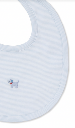 The Kissy Kissy Hand Embroidered Premier Puppies Striped Bib, crafted from soft Pima cotton, features a light blue striped design with a delicate hand-embroidered puppy on the front.