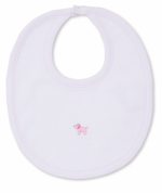 The Kissy Kissy Premier Puppies Hand Emb Bib Pink by Kissy Kissy is a white Pima cotton baby bib with an embroidered pink puppy in the center.