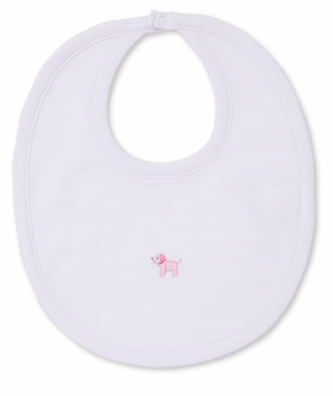 The Kissy Kissy Premier Puppies Hand Emb Bib Pink by Kissy Kissy is a white Pima cotton baby bib with an embroidered pink puppy in the center.