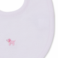 The Kissy Kissy Premier Puppies Hand Emb Bib Pink from the brand Kissy Kissy is a white baby bib crafted from soft Pima cotton, adorned with a small embroidered pink puppy on the front.