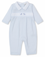 Kissy Kissy presents the adorable Kissy Kissy Premier Hand Embroidered Puppies Playsuit: a light blue, long-sleeve Pima cotton baby onesie with a white collar and charming hand-embroidered small dog detailing on the chest. This delightful playsuit fastens with buttons at the back and snaps at the legs.