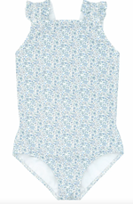 Minnow's Ruffle Sleeve Rashguard One Piece swimsuit features a blue floral print, ruffle sleeves, a high neckline, and offers UPF 50+ protection.