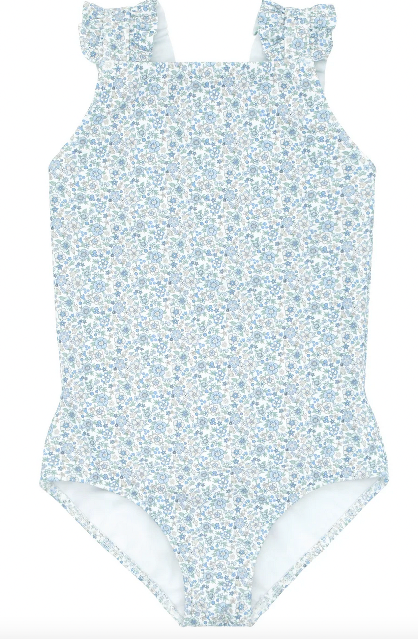 Minnow's Ruffle Sleeve Rashguard One Piece swimsuit features a blue floral print, ruffle sleeves, a high neckline, and offers UPF 50+ protection.