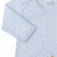 Close-up image of the Kissy Kissy Jungle Oasis Striped Playsuit for baby boys, featuring light blue stripes, long sleeves, and giraffe embroidery on the front pocket, made from soft Pima cotton by the brand Kissy Kissy for extra comfort.