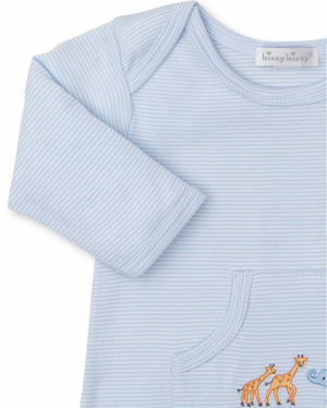 Close-up image of the Kissy Kissy Jungle Oasis Striped Playsuit for baby boys, featuring light blue stripes, long sleeves, and giraffe embroidery on the front pocket, made from soft Pima cotton by the brand Kissy Kissy for extra comfort.