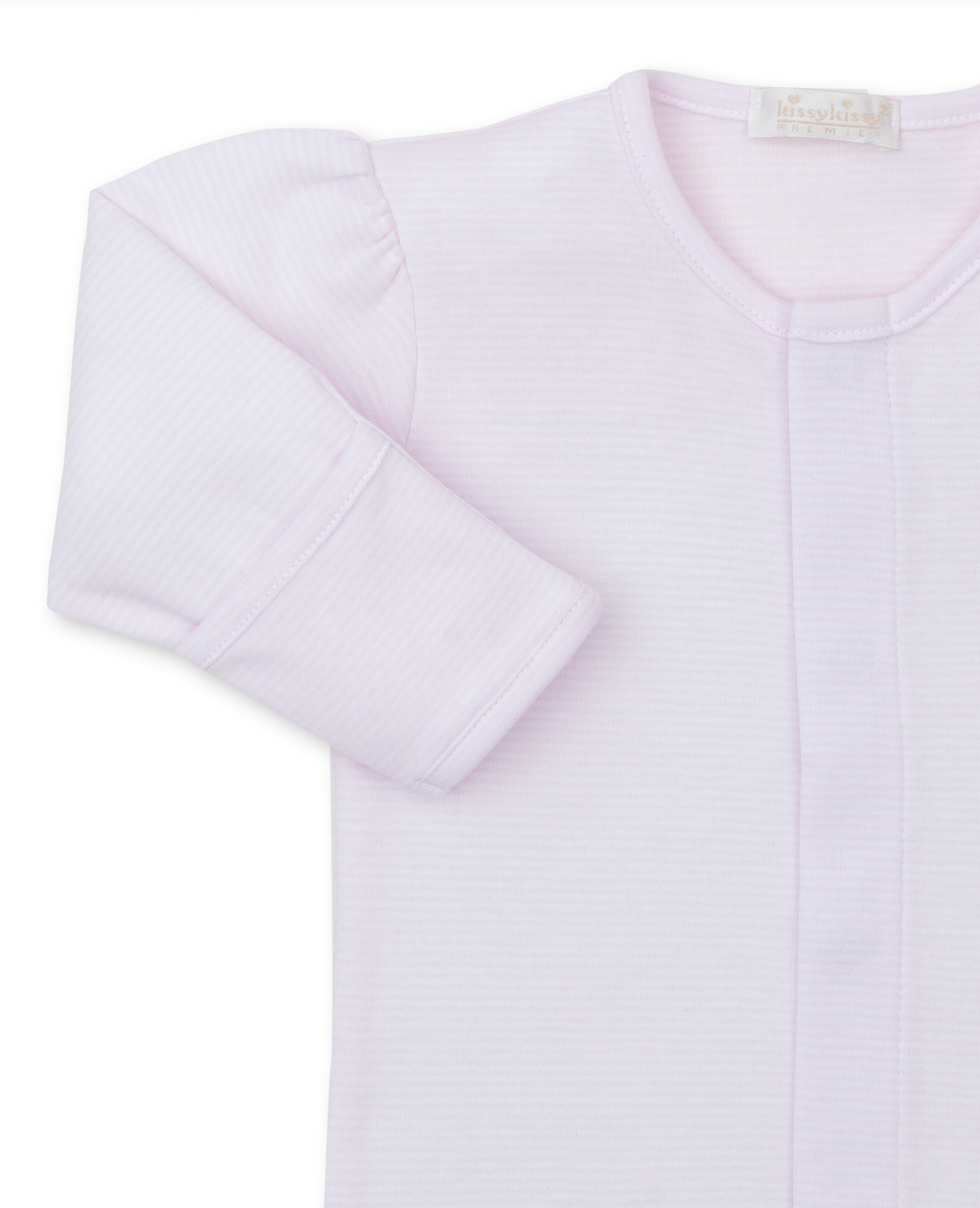 Close-up of a light pink, long-sleeved Kissy Kissy Premier Hand Embroidered Striped Puppies Convertible Gown, crafted from Pima cotton with a front zipper closure – the perfect baby shower gift.