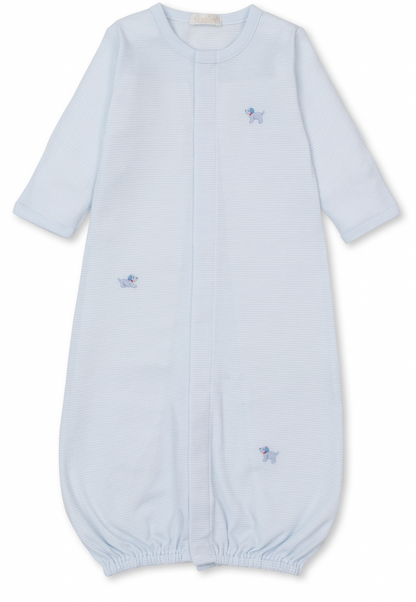 The Kissy Kissy Premier Hand Embroidered Striped Puppies Convertible Gown, offered by the brand Kissy Kissy, comes in a light blue shade crafted from soft Pima cotton. It features a convenient front zipper and charming hand-embroidered puppy designs on the front, making it an ideal baby shower gift.