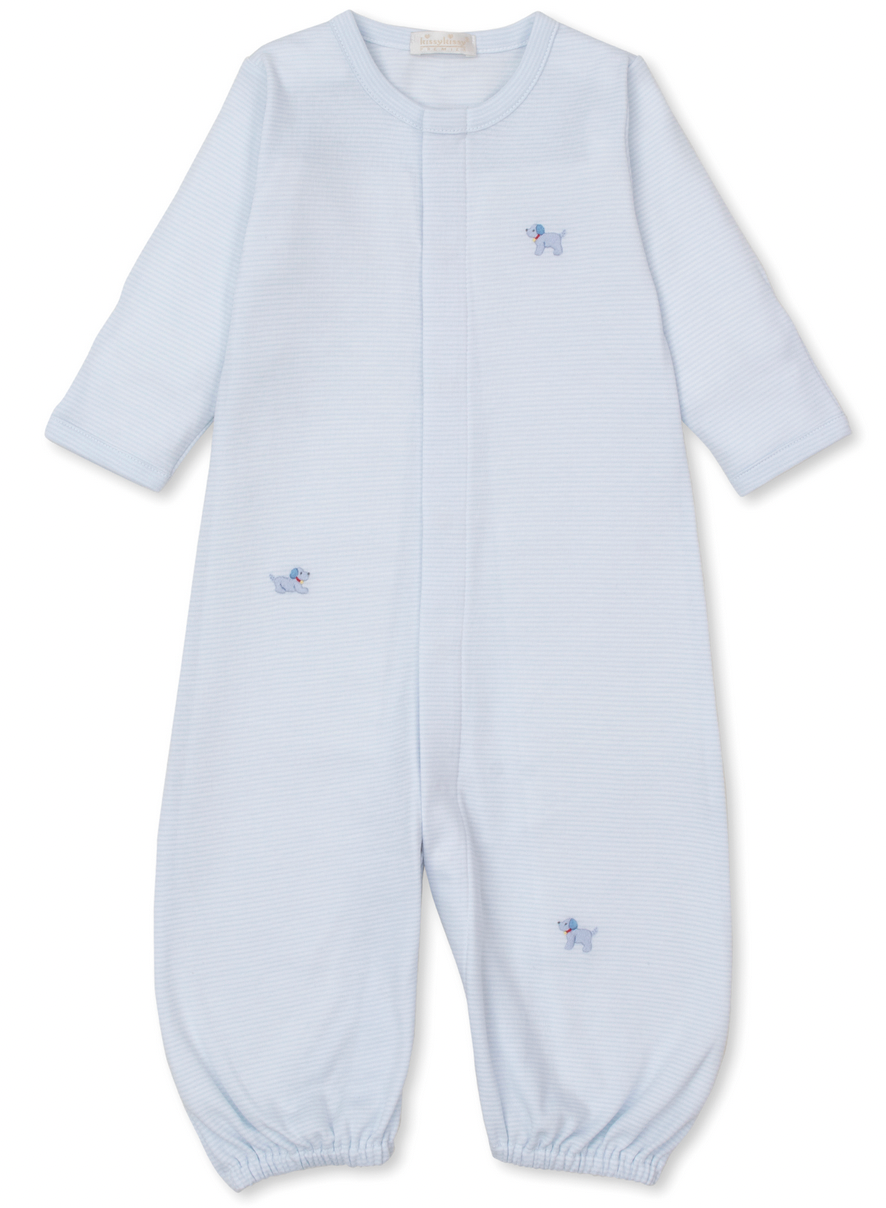 The Kissy Kissy Premier Hand Embroidered Striped Puppies Convertible Gown, made by renowned brand Kissy Kissy, features light blue stripes with long sleeves, elasticized cuffs, and small hand-embroidered puppies. Crafted from the softest Pima cotton, it is perfect as a baby shower gift.