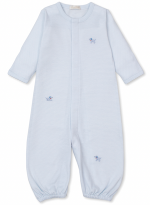 The Kissy Kissy Premier Hand Embroidered Striped Puppies Convertible Gown, made by renowned brand Kissy Kissy, features light blue stripes with long sleeves, elasticized cuffs, and small hand-embroidered puppies. Crafted from the softest Pima cotton, it is perfect as a baby shower gift.