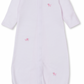 The Kissy Kissy Premier Hand Embroidered Striped Puppies Convertible Gown by Kissy Kissy is a light pink infant sleep gown made of soft Pima cotton, featuring long sleeves and small hand embroidered puppies. Ideal as a baby shower gift, it boasts an elasticated hem and a convenient front closure.