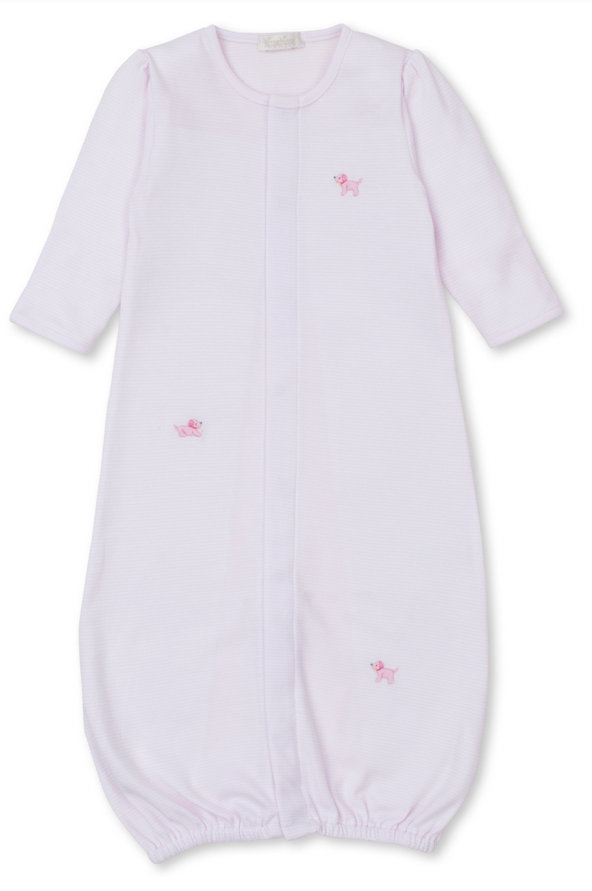 The Kissy Kissy Premier Hand Embroidered Striped Puppies Convertible Gown by Kissy Kissy is a light pink infant sleep gown made of soft Pima cotton, featuring long sleeves and small hand embroidered puppies. Ideal as a baby shower gift, it boasts an elasticated hem and a convenient front closure.