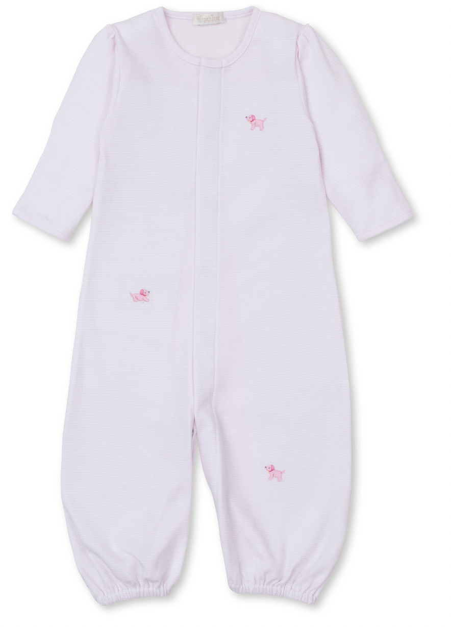 The Kissy Kissy Premier Hand Embroidered Striped Puppies Convertible Gown, made of soft Pima cotton, features delicate hand-embroidered puppies on the chest and legs. This long-sleeved gown with enclosed feet makes for the perfect baby shower gift.