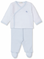 The Kissy Kissy Premier Hand Embroidered Puppies Footed Pant Set from Kissy Kissy is a baby's white and light blue long-sleeved outfit made of soft Pima cotton, adorned with an embroidered dog design on the chest and accompanied by cozy footed pants.