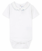 The Tartine et Chocolat Collared Short-Sleeved Onesie with Van Embroidery is a white baby bodysuit featuring short sleeves, a pointed collar, and convenient snap closures at the bottom. Perfect for special occasions, this elegant piece from Tartine et Chocolat displays subtle stitching details on the collar.