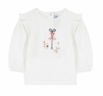 Introducing the Tartine et Chocolat Long Sleeve Flower Little Mouse Tee by Tartine et Chocolat, a white long-sleeved T-shirt for baby girls adorned with an adorable mouse in a dress graphic on the front and crafted from soft fabric.