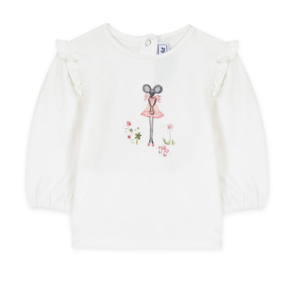 Introducing the Tartine et Chocolat Long Sleeve Flower Little Mouse Tee by Tartine et Chocolat, a white long-sleeved T-shirt for baby girls adorned with an adorable mouse in a dress graphic on the front and crafted from soft fabric.