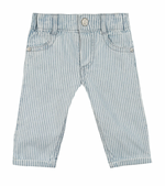 The Tartine et Chocolat Sky Blue Striped Trousers for baby boys feature a charming blue and white vertical stripe pattern, front pockets, a button, and a zipper fly, all crafted from soft and comfortable fabric.