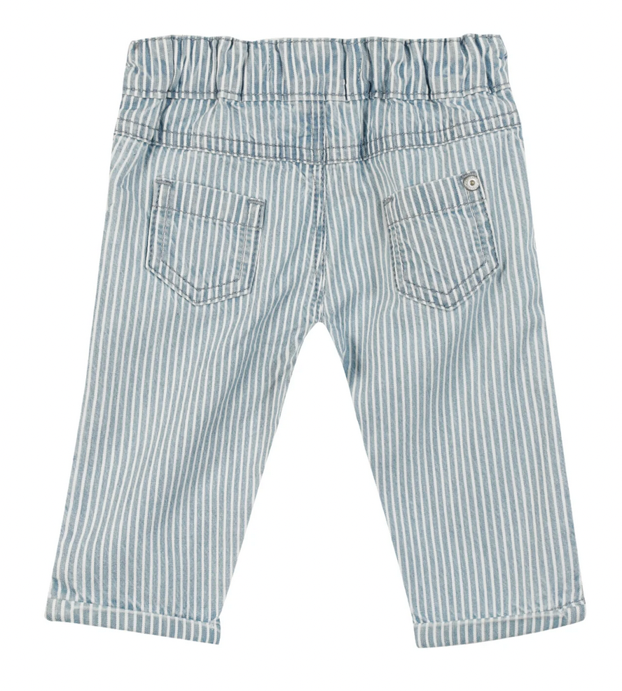 Tartine et Chocolat Sky Blue Striped Trousers for baby boys feature blue and white vertical stripes, an elastic waistband, and cuffed hems. Made from soft and comfortable fabric, these adorable pants also include two back pockets—perfect for your little one.