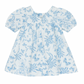 The Tartine et Chocolat Blue Printed Toile Dress by Tartine et Chocolat features a light blue and white floral-patterned toile de Jouy design with short sleeves and a square neckline, making it perfect for special occasions.